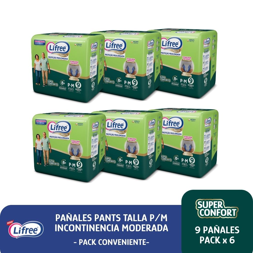 Pañales Pants LIFREE Super Confort (P/M) 9 u. x 6 paq.